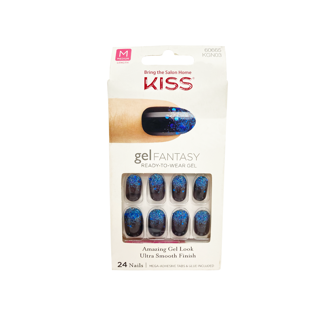 Kiss Gel Fantasy 24 Medium Nails 60665 Blue Glitter Oval Tip