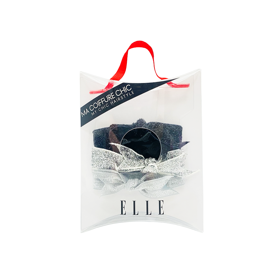 Elle bow Elastic Hair Bobble Black & Silver 4pc