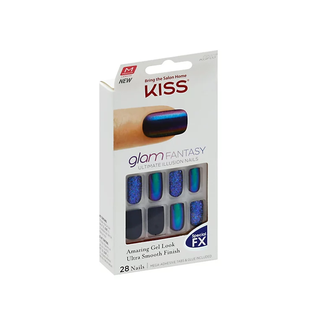 Kiss Glam Fantasy 28 Medium Nails Metallic Blue Glitter 72078 KGF03