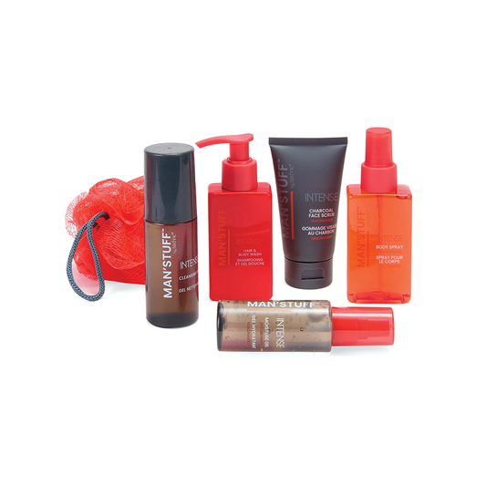 Man Stuff Total Intense 4 Piece Kit Cleansing Gel, Moisture Gel, Face Scrub & Hair & Body Wash