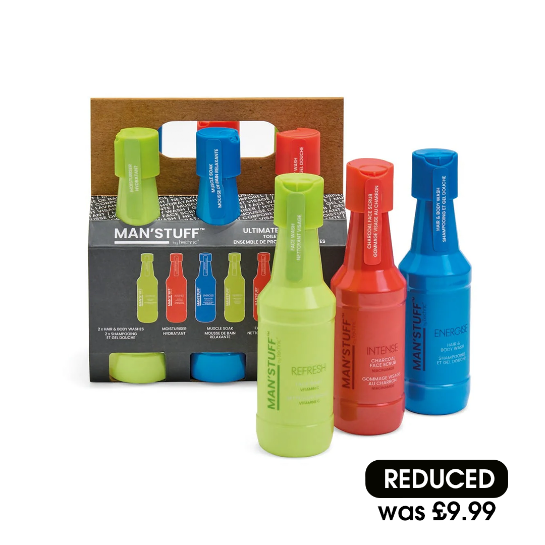 Man Stuff Ultimate Six Pack Face Wash, Moisturiser, Face Scrub, Hair & Body Wash & Muscle Soak