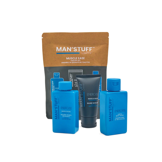 Man Stuff Muscle Ease 4 Piece Kit Muscle Soak, Muscle Balm, Epsom Salts & Hair & Body Wash