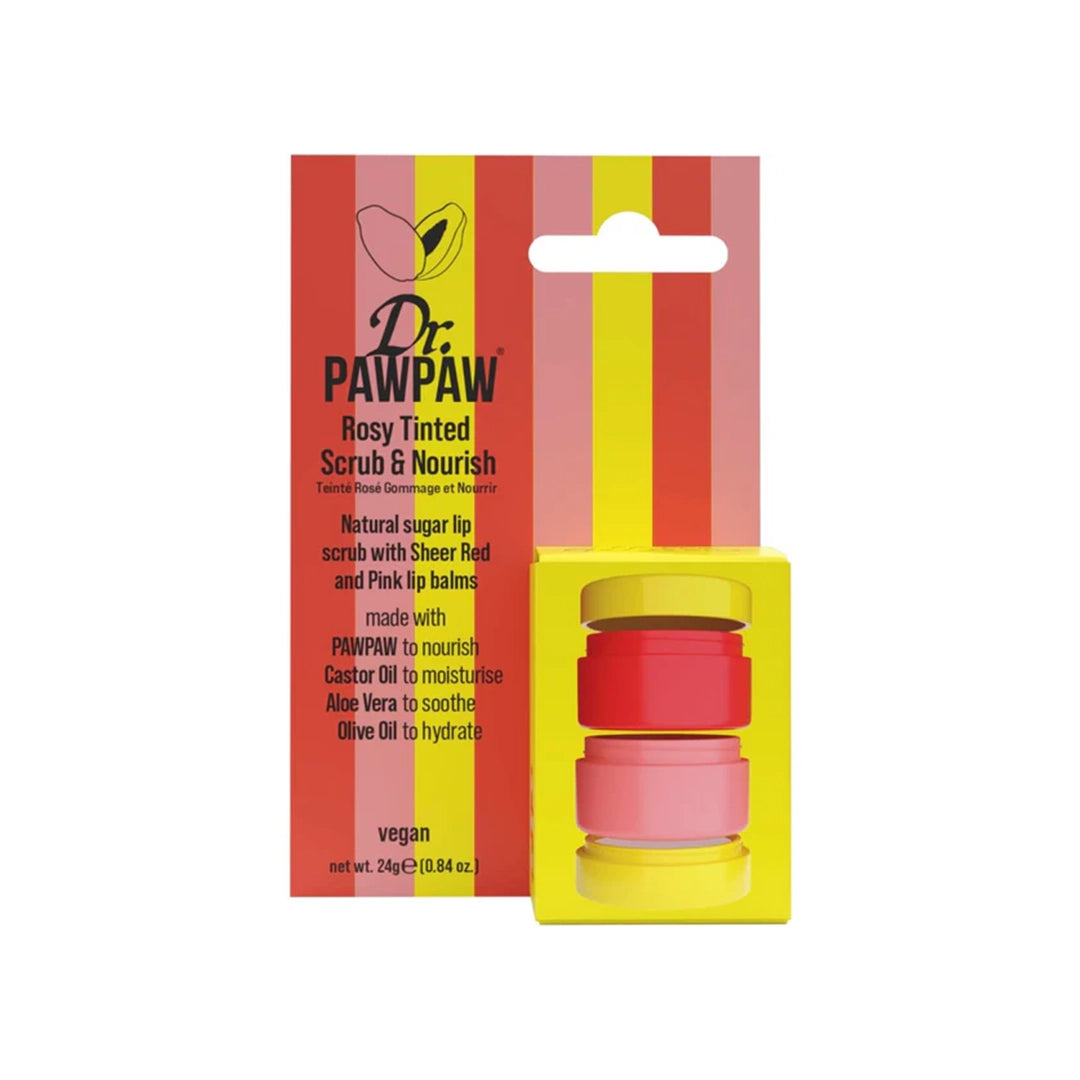 Dr Paw Paw Scrub & Nourish Rosy Tinted Stacker Lip Sugar Scrub With Sheer Red & Pink Balms