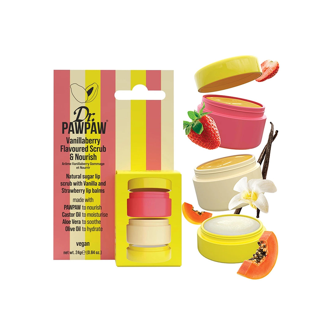 Dr Paw Paw Scrub & Nourish Vanillaberry Stacker Lip Sugar Scrub With Strawberry & Vanilla Balms