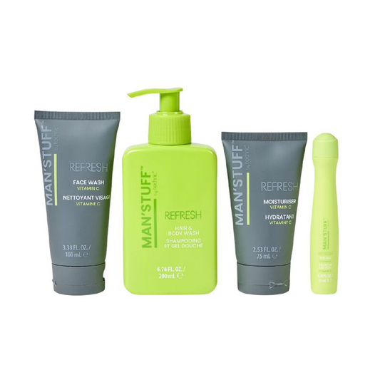 Man Stuff Complete Refresh 4 Piece Kit Face Wash, Moisturiser, Eye Gel & Hair & Body Wash