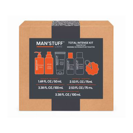 Man Stuff Total Intense 4 Piece Kit Cleansing Gel, Moisture Gel, Face Scrub & Hair & Body Wash