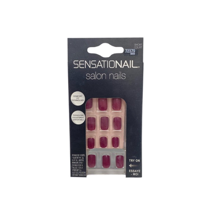 Sensationail Salon 28 False Nails Short Maroon W Glue