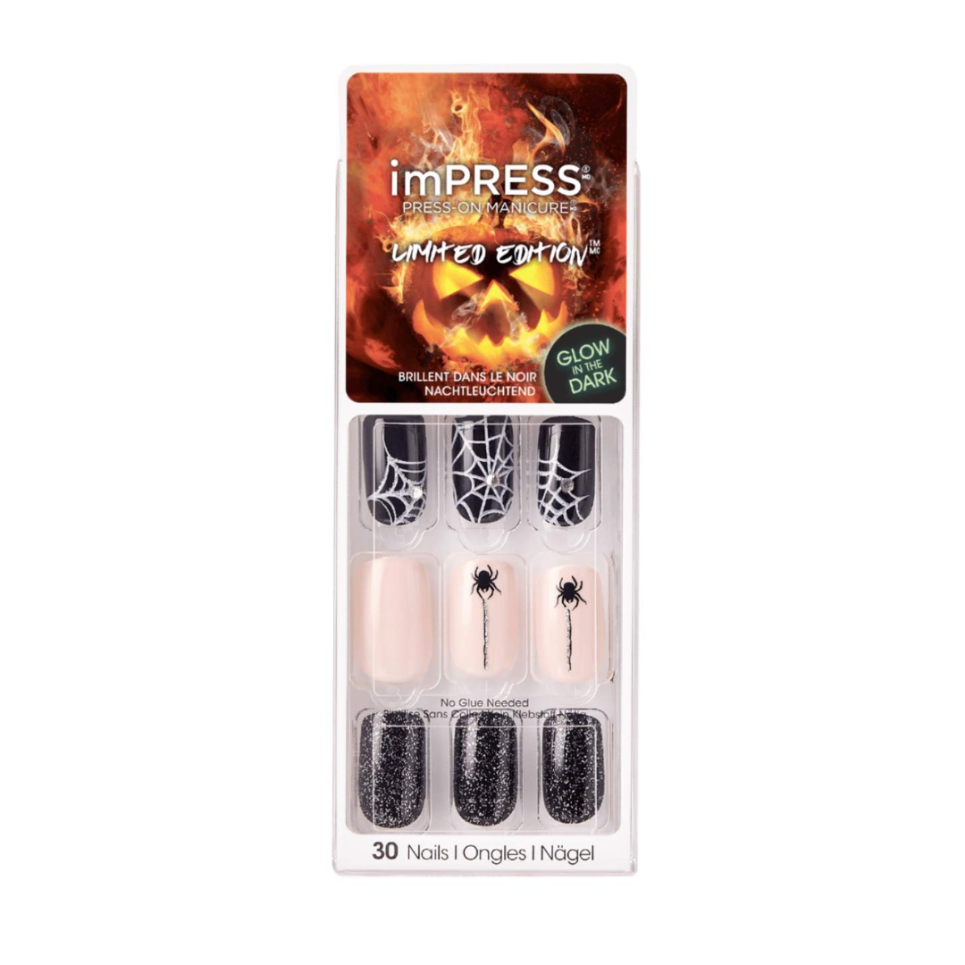 Kiss Impress Halloween Nails Medium Spider Webs Glow in the Dark