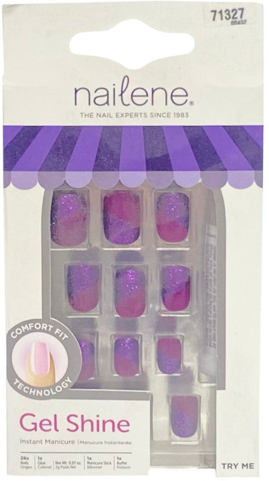 Nailene Gel Shine False Nails Purple Diagonal Sparkle W Glue